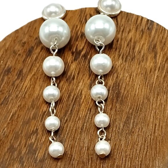 Long Faux Pearl Drop Dangle Earrings Silver Tone Chain Statement - Picture 1 of 11